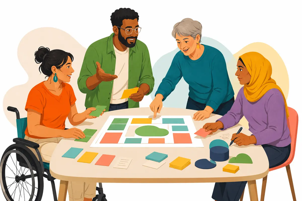 Eine diverse Gruppe entwickelt in einem moderierten Workshop gemeinsame Entscheidungen